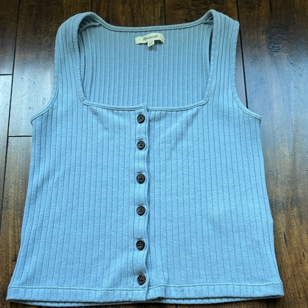 Madewell Light Blue Ribbed Button-Front Tank Top
